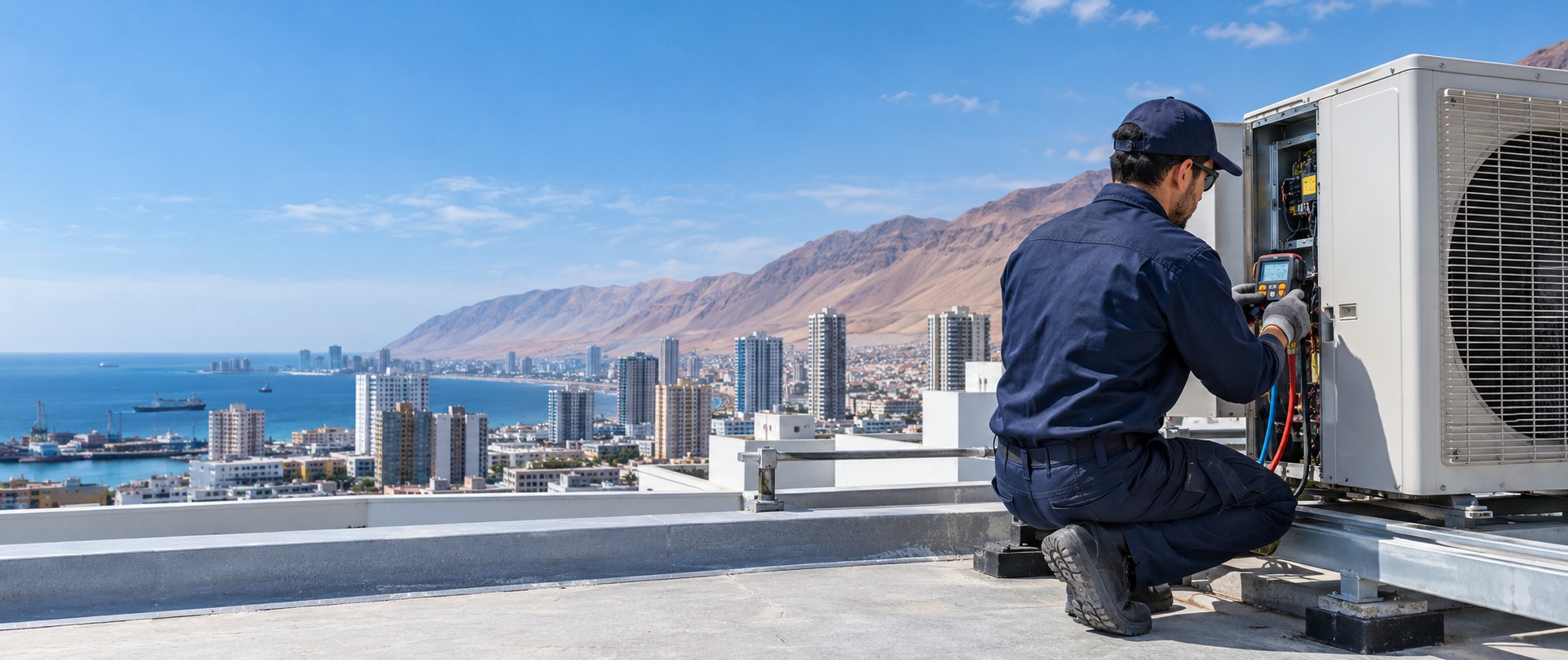 Ilustración de un técnico revisando un equipo de climatización en Iquique